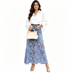 Jupe longue en denim taille haute à bordure de dentelle florale pour femme