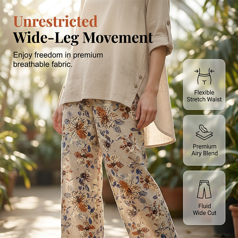 Ensemble tunique ample et pantalon fleuri en coton-lin pour femme