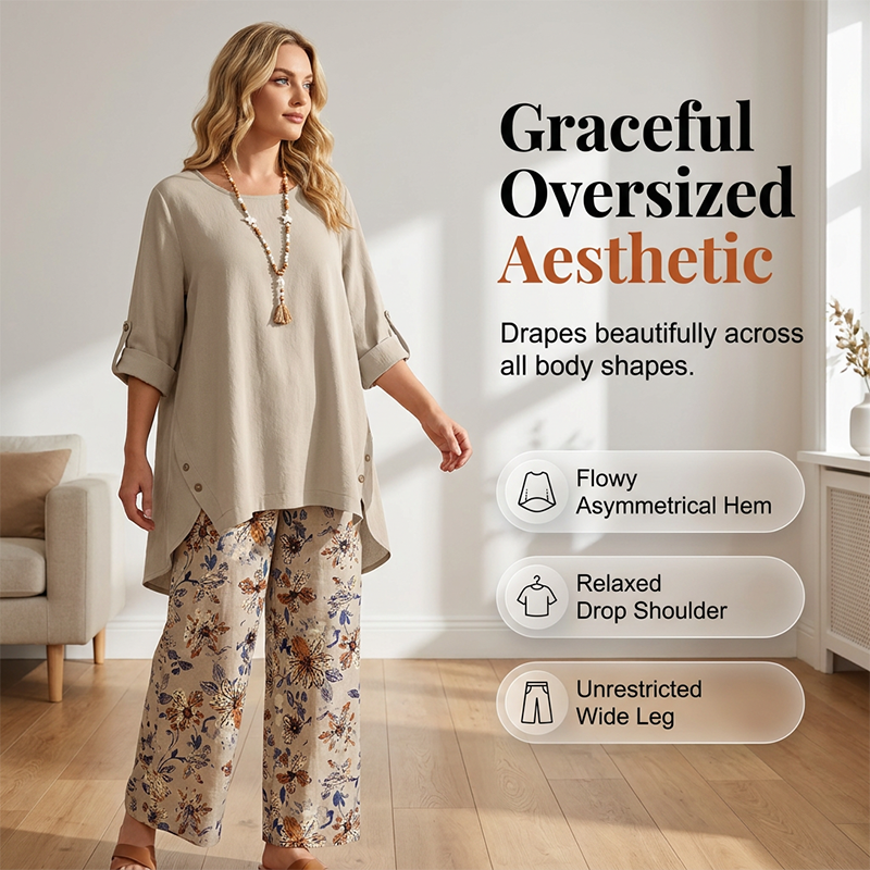 Ensemble tunique ample et pantalon fleuri en coton-lin pour femme