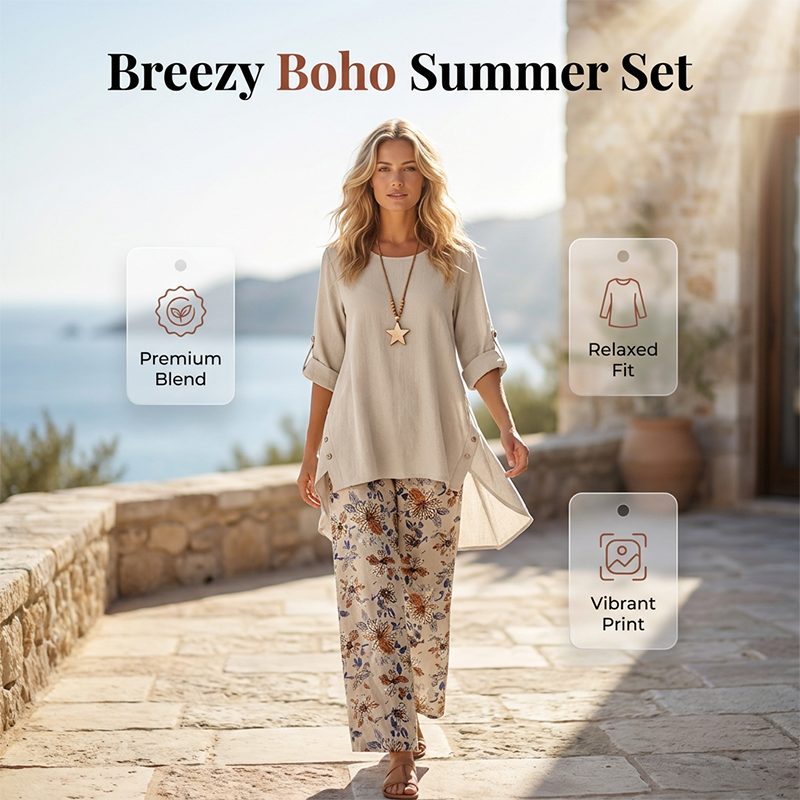 Ensemble tunique ample et pantalon fleuri en coton-lin pour femme