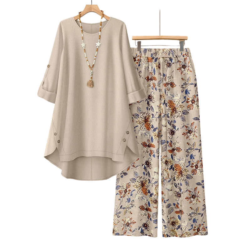 Ensemble tunique ample et pantalon fleuri en coton-lin pour femme