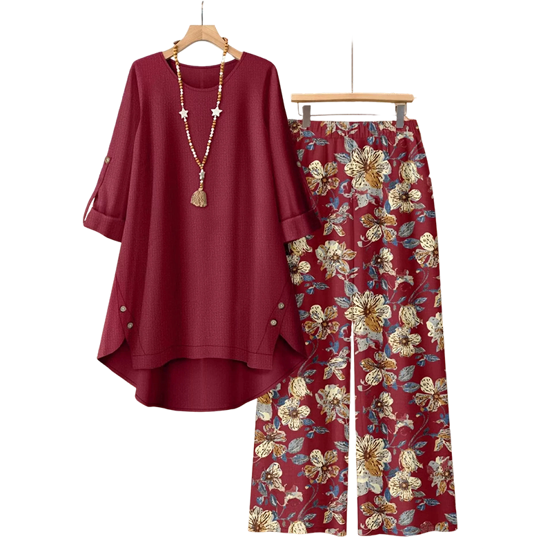 Ensemble tunique ample et pantalon fleuri en coton-lin pour femme