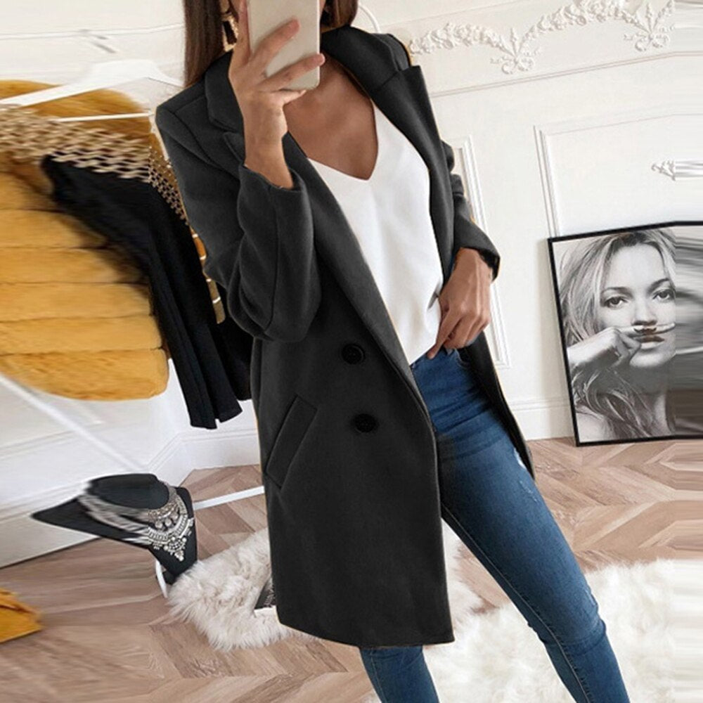 Manteau Long Femme En Laine À Col Tailleur Et Poches