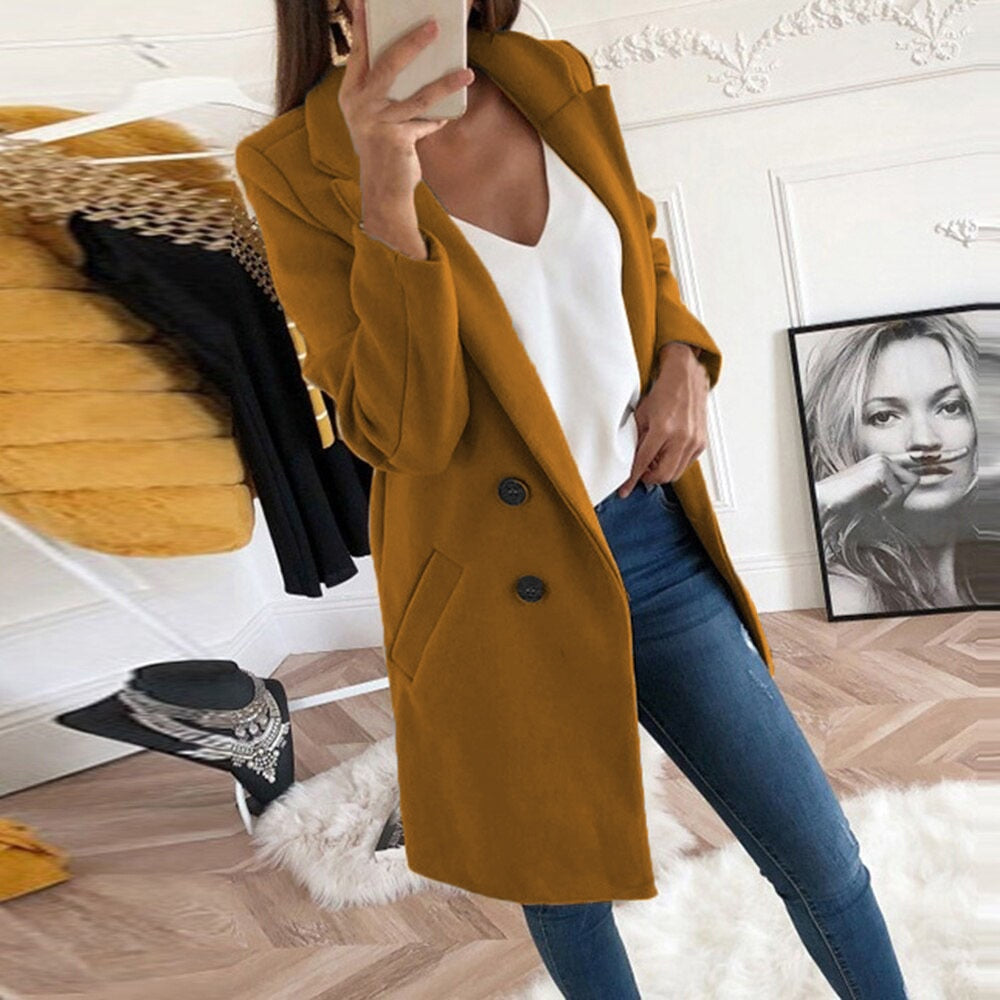 Manteau Long Femme En Laine À Col Tailleur Et Poches