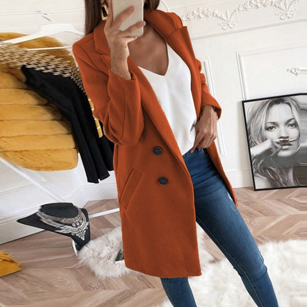Manteau Long Femme En Laine À Col Tailleur Et Poches
