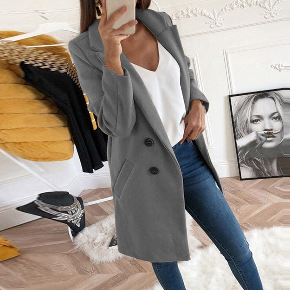 Manteau Long Femme En Laine À Col Tailleur Et Poches