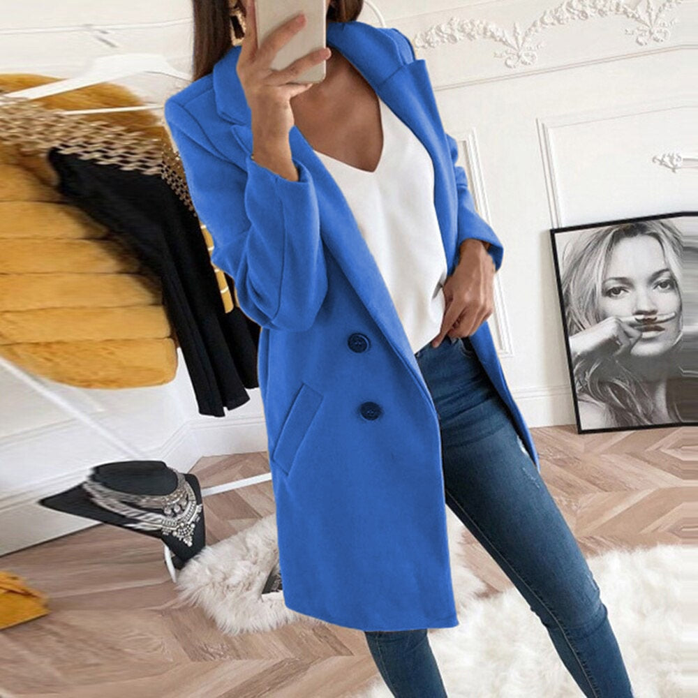 Manteau Long Femme En Laine À Col Tailleur Et Poches