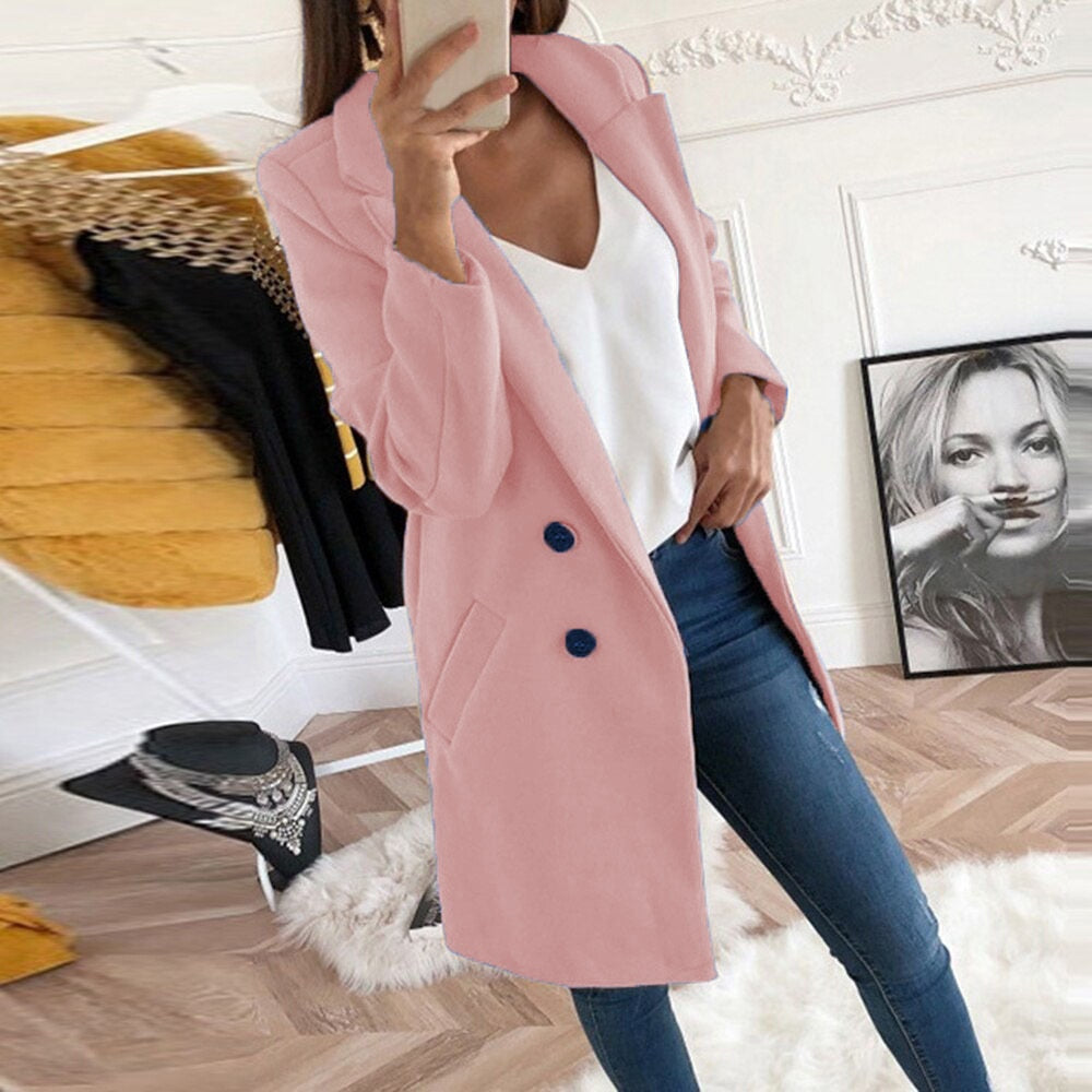 Manteau Long Femme En Laine À Col Tailleur Et Poches