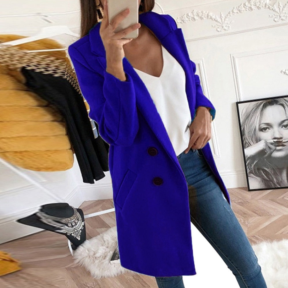 Manteau Long Femme En Laine À Col Tailleur Et Poches