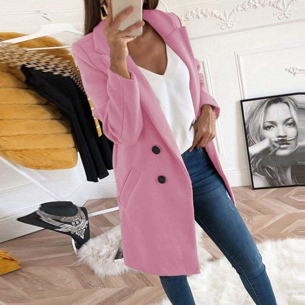 Manteau Long Femme En Laine À Col Tailleur Et Poches