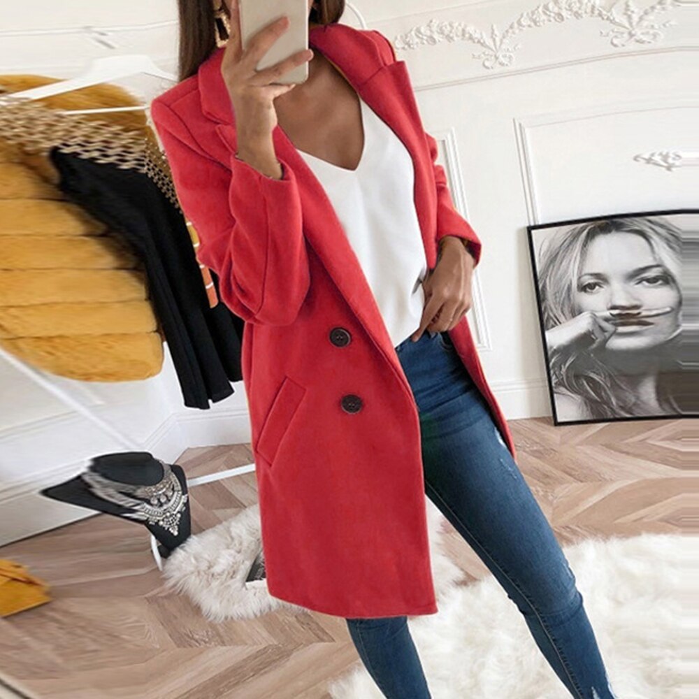 Manteau Long Femme En Laine À Col Tailleur Et Poches