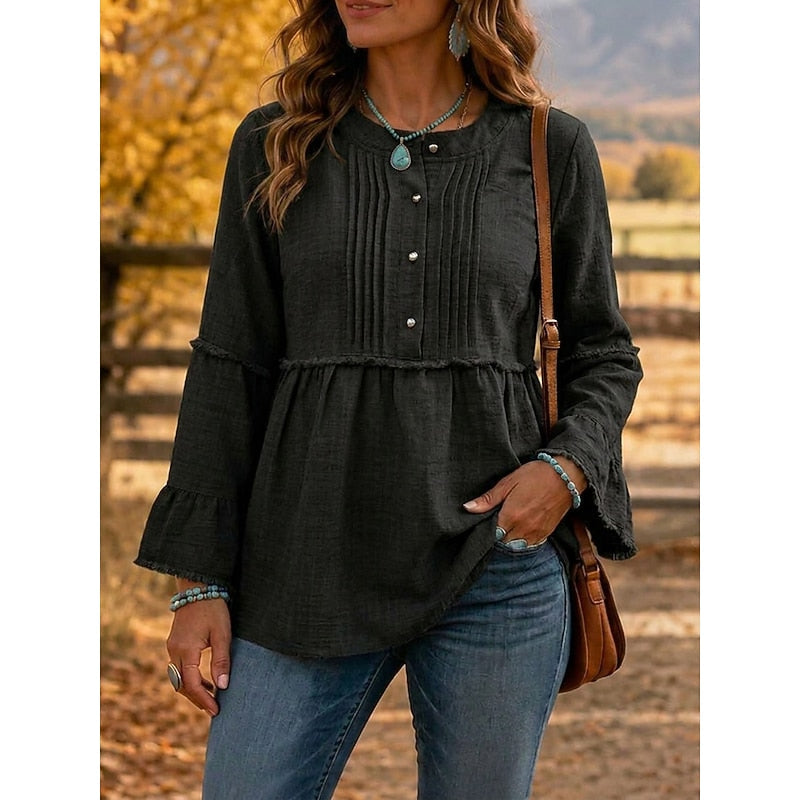 Blouse Plissée Femme À Basque Et Boutons