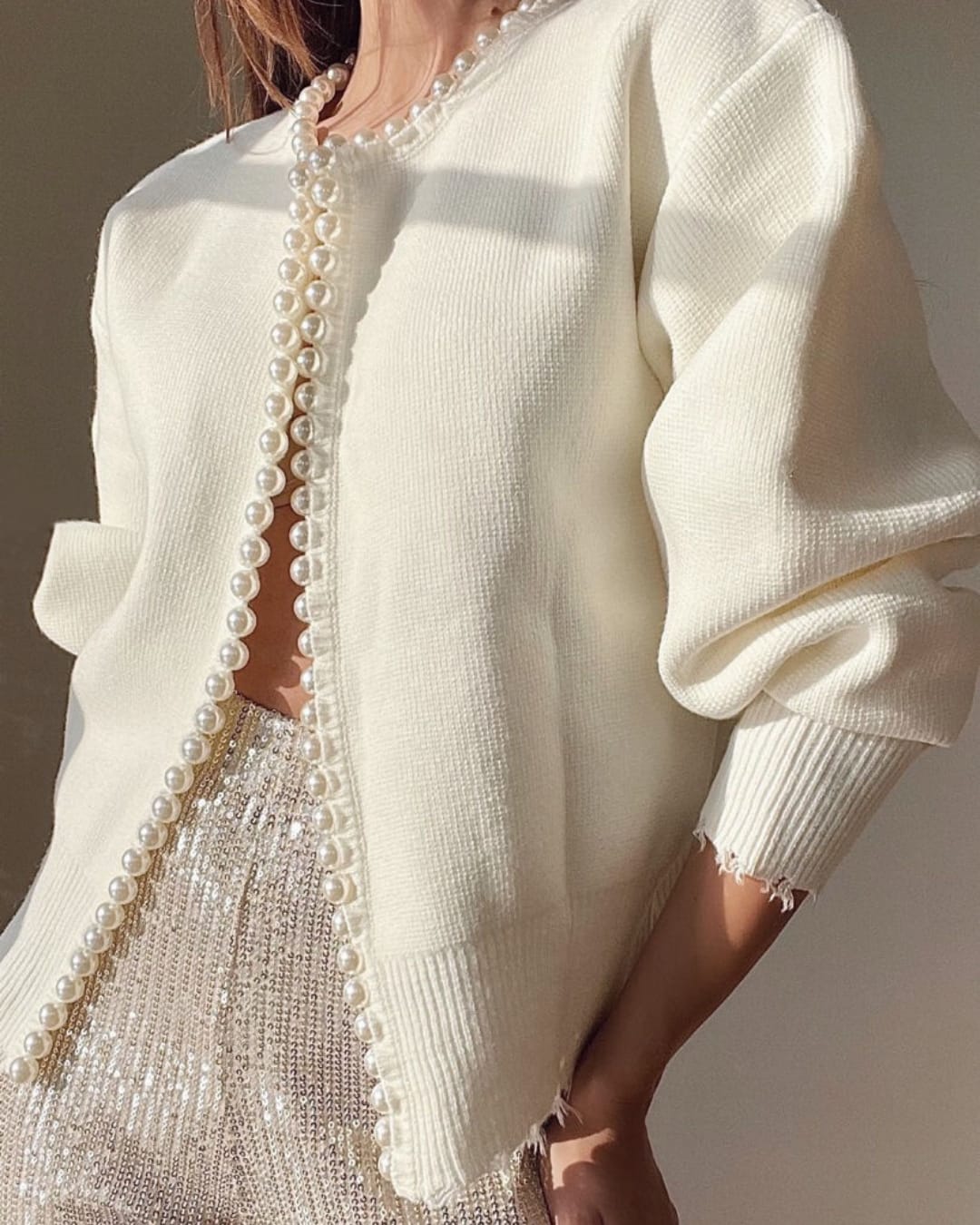 Cardigan Court Femme En Maille À Bordure De Perles