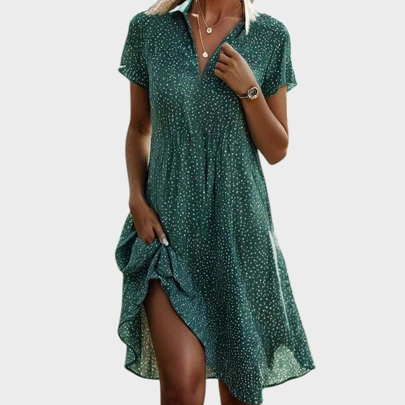 Robe midi à pois fluide col V manches courtes pour femme
