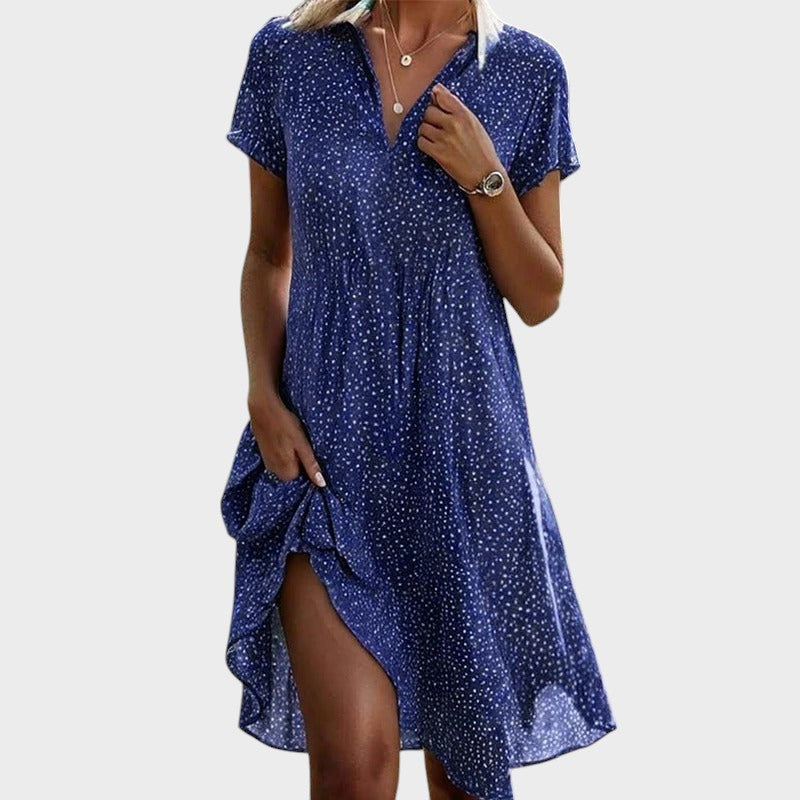 Robe midi à pois fluide col V manches courtes pour femme