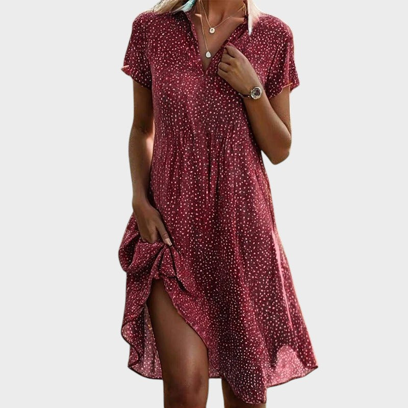 Robe midi à pois fluide col V manches courtes pour femme