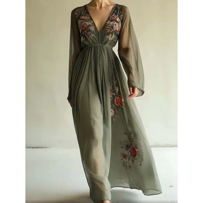 Women's boho maxi dress with V-neckline