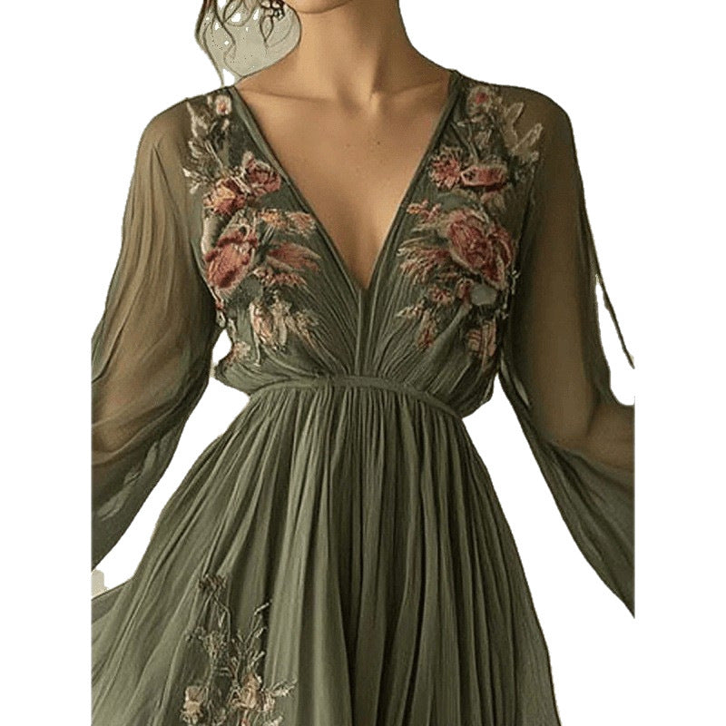 Women's boho maxi dress with V-neckline
