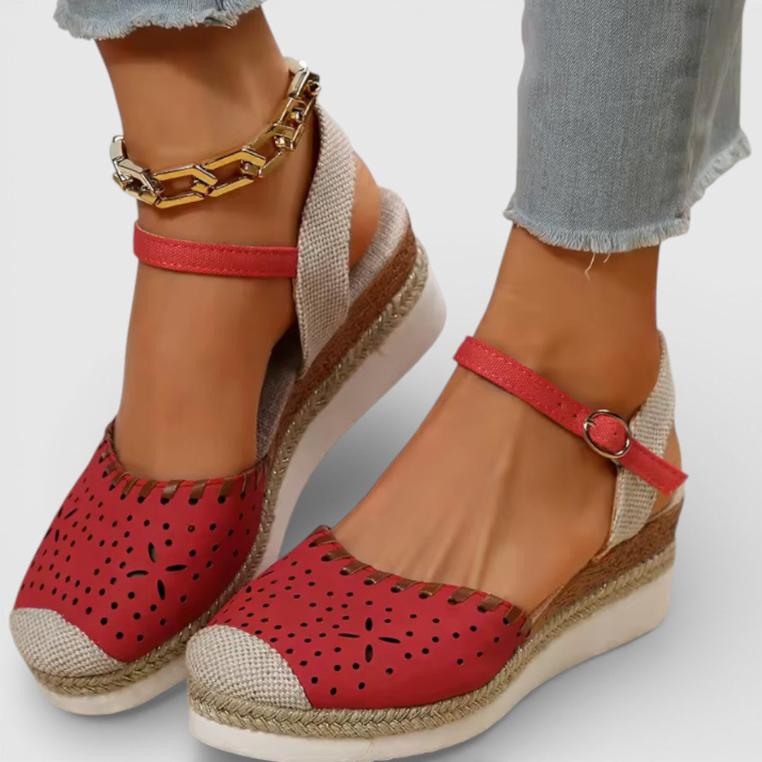 Women's closed-toe wedge espadrille sandals with perforated upper and braided sole