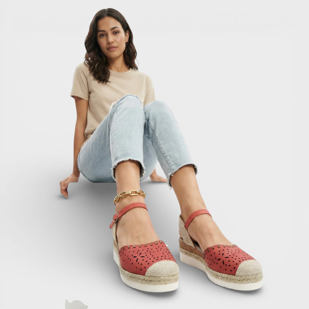 Women's closed-toe wedge espadrille sandals with perforated upper and braided sole