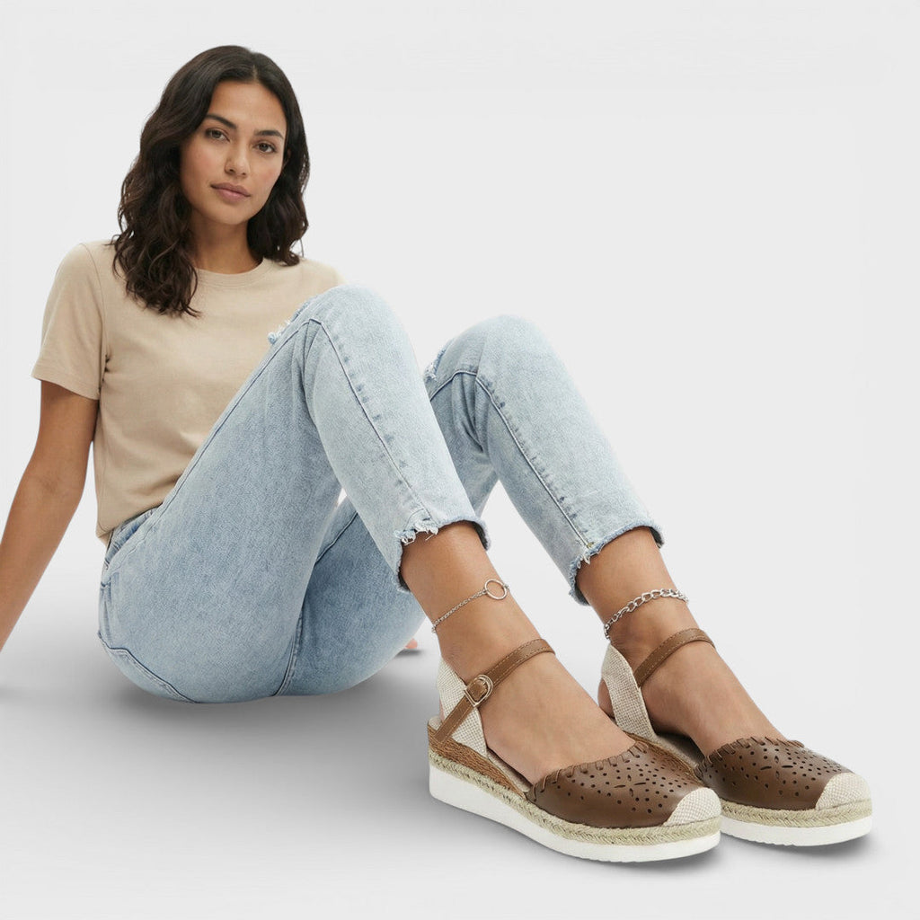 Women's closed-toe wedge espadrille sandals with perforated upper and braided sole