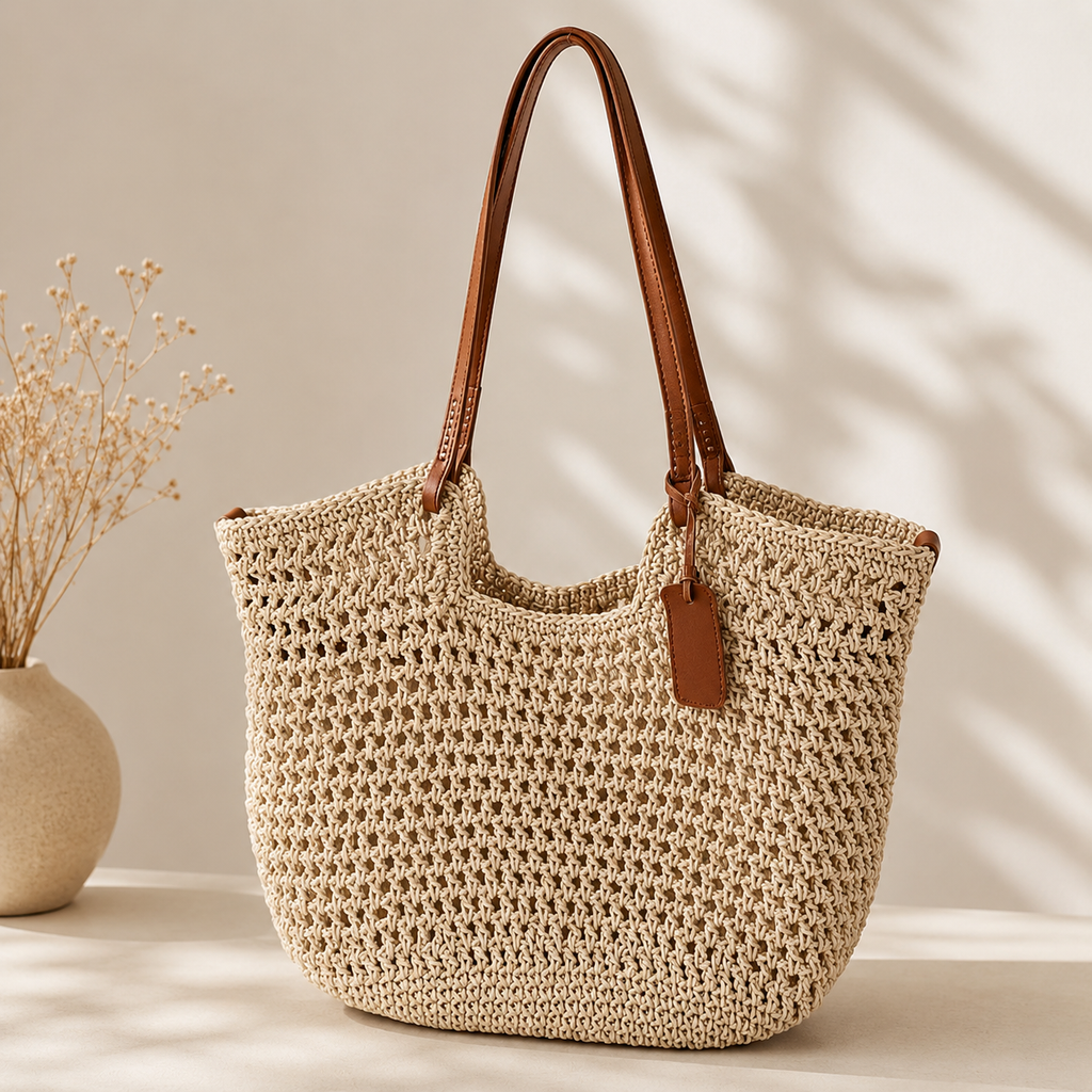 Women's crochet tote bag with woven construction and open top
