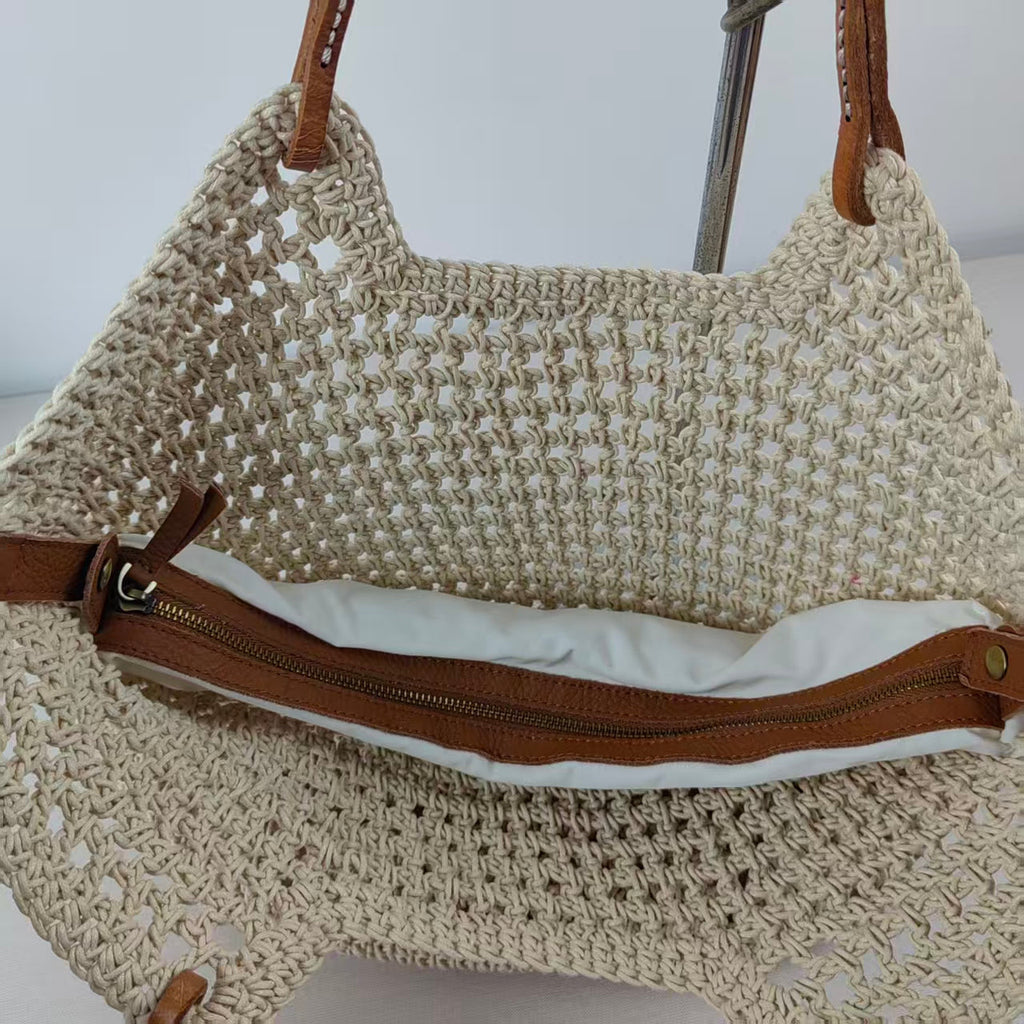 Women's crochet tote bag with woven construction and open top