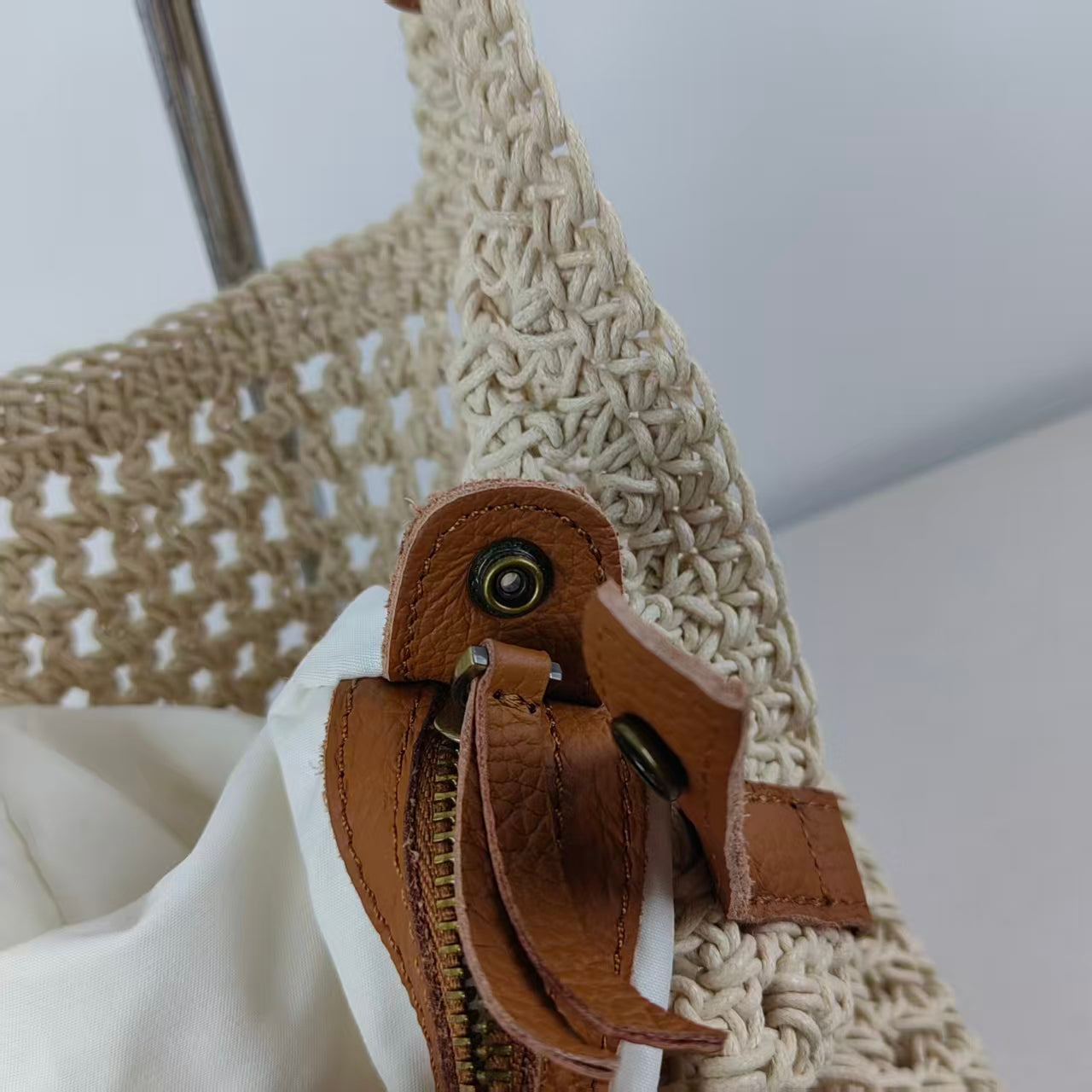 Women's crochet tote bag with woven construction and open top
