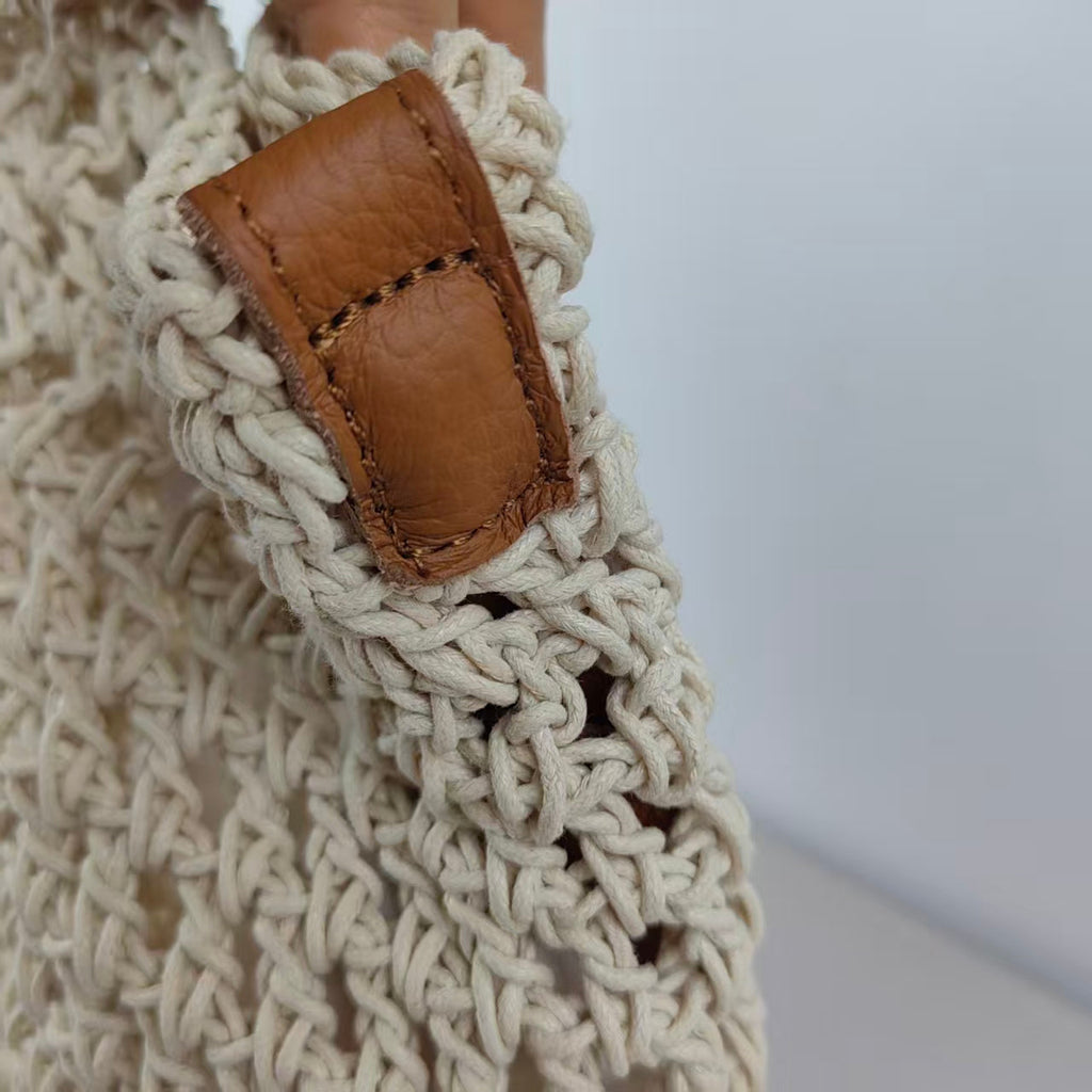 Women's crochet tote bag with woven construction and open top