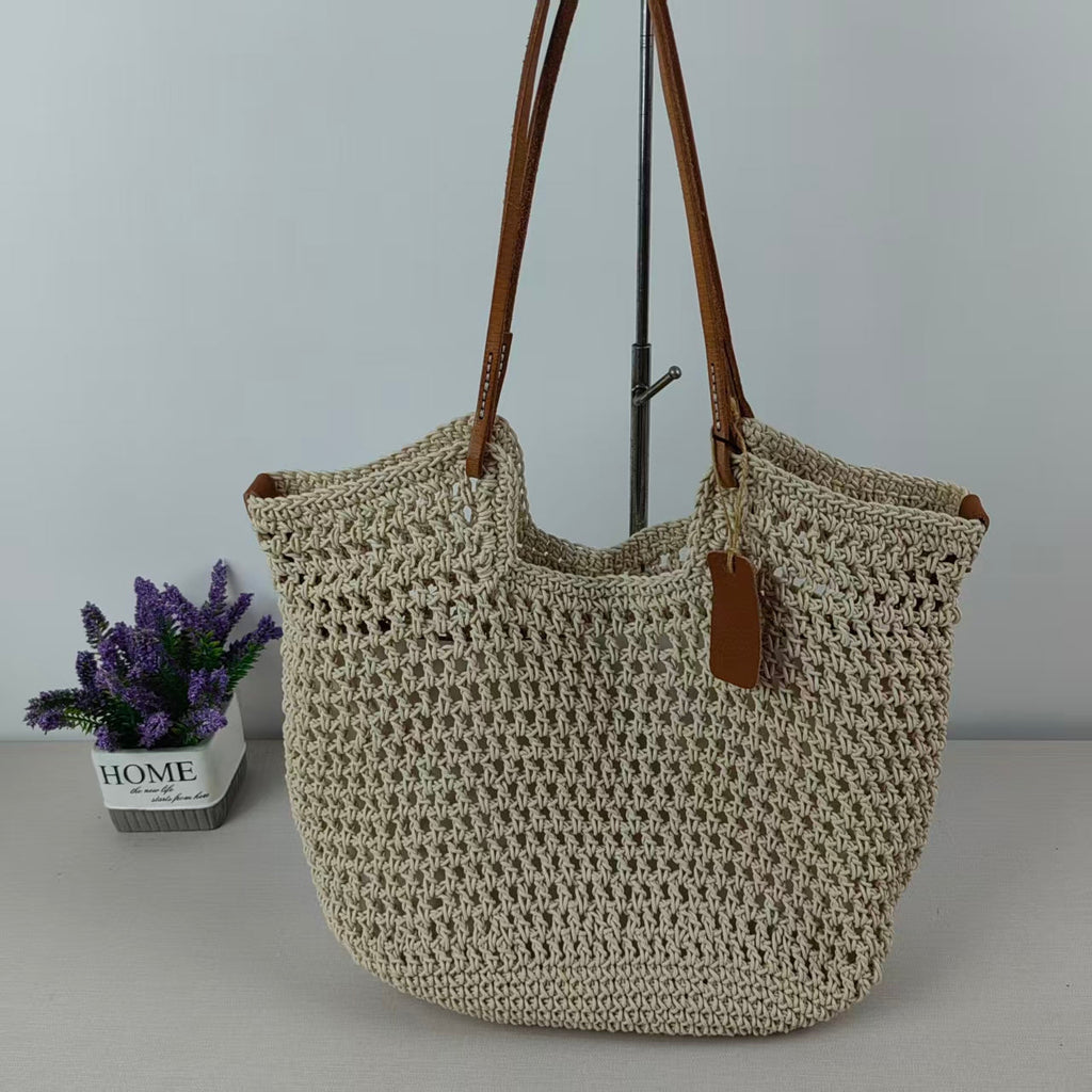 Women's crochet tote bag with woven construction and open top