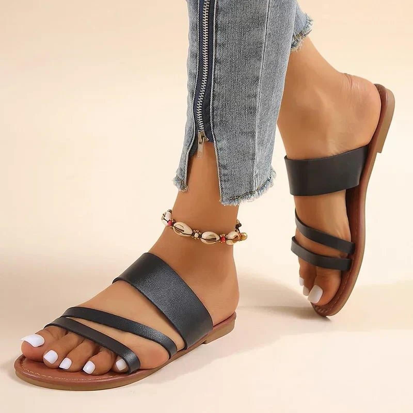 Women's cross-strap slip-on sandals with flat sole