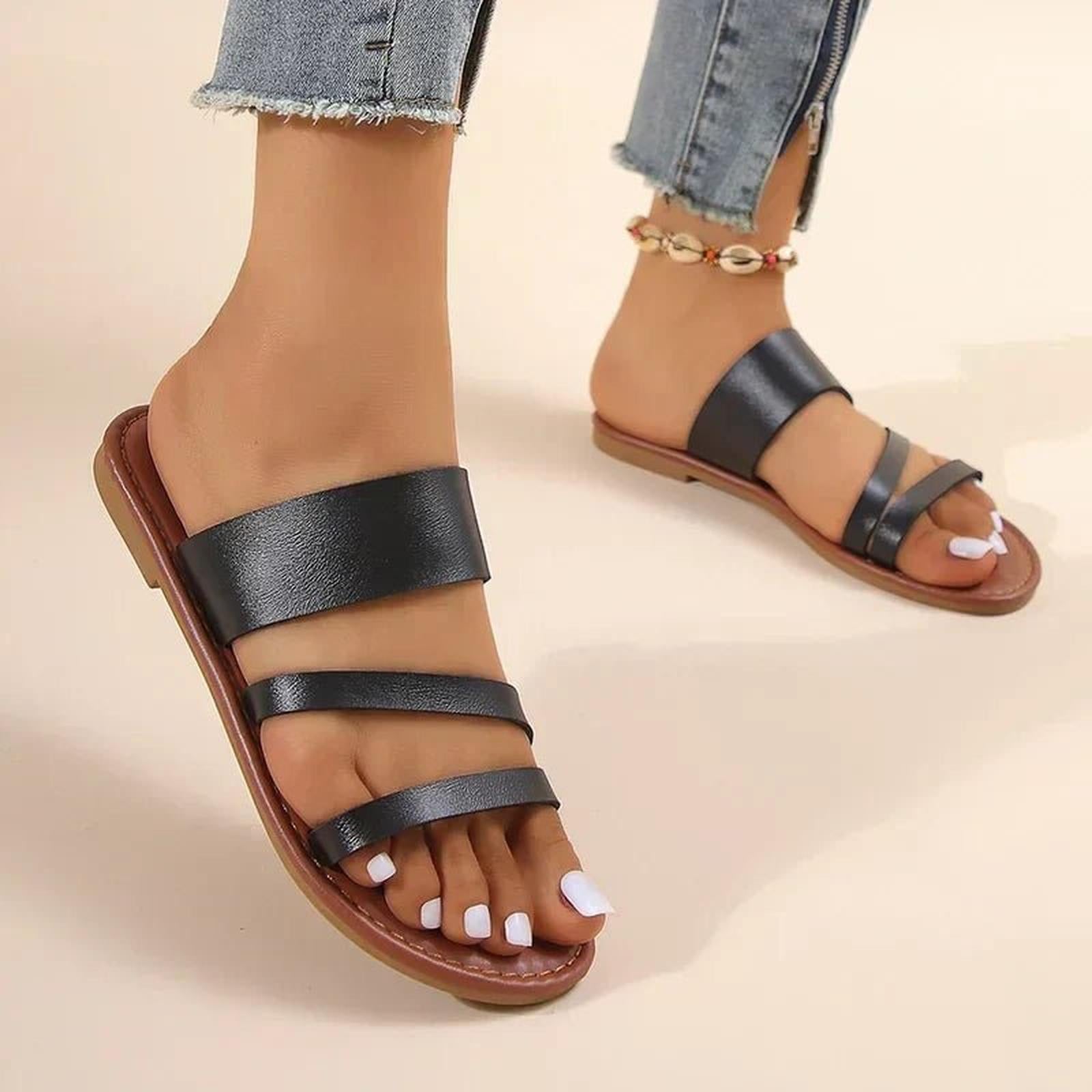 Women's cross-strap slip-on sandals with flat sole