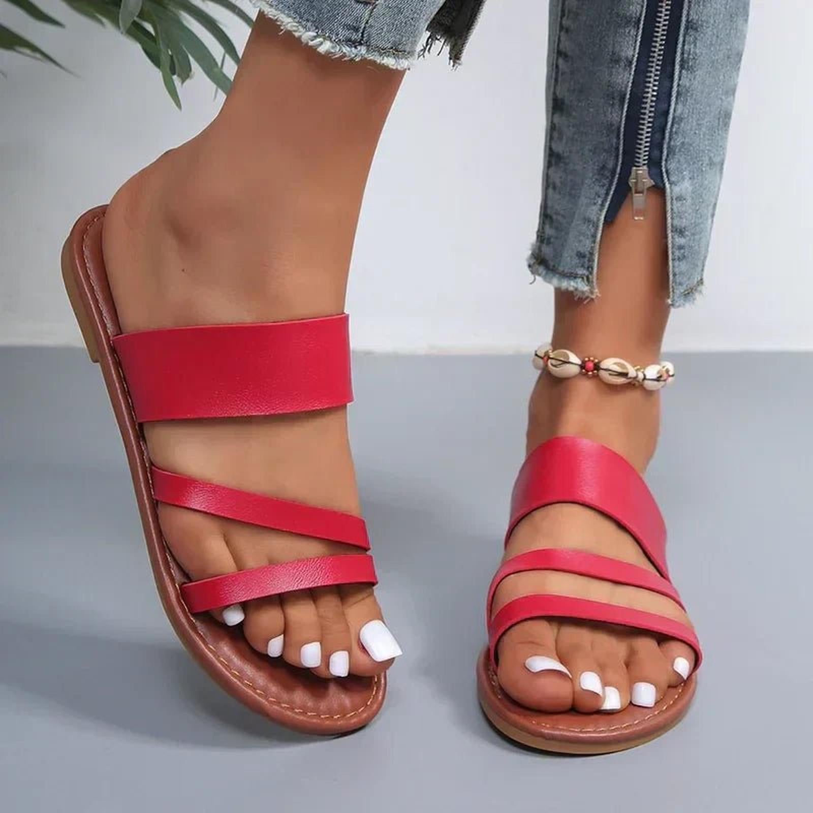 Women's cross-strap slip-on sandals with flat sole