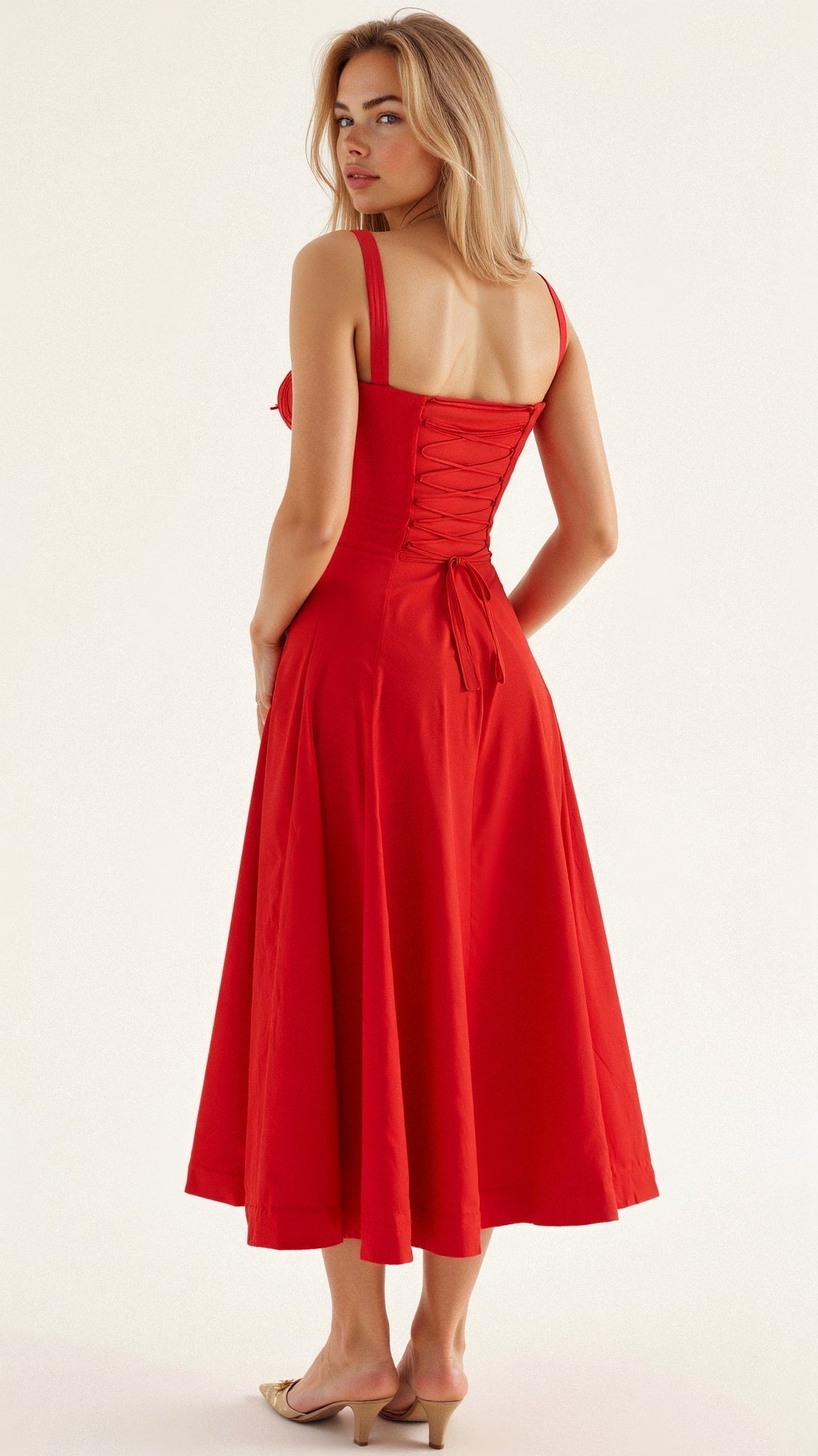 Women’s Midi Dress with Fitted Bodice and Shoulder Straps