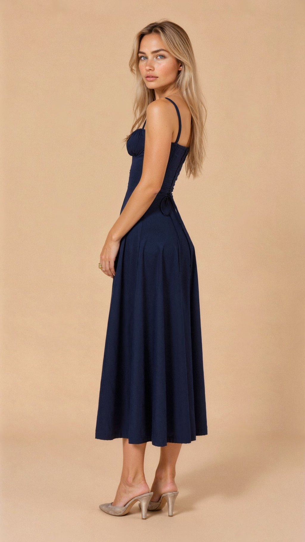 Women’s Midi Dress with Fitted Bodice and Shoulder Straps