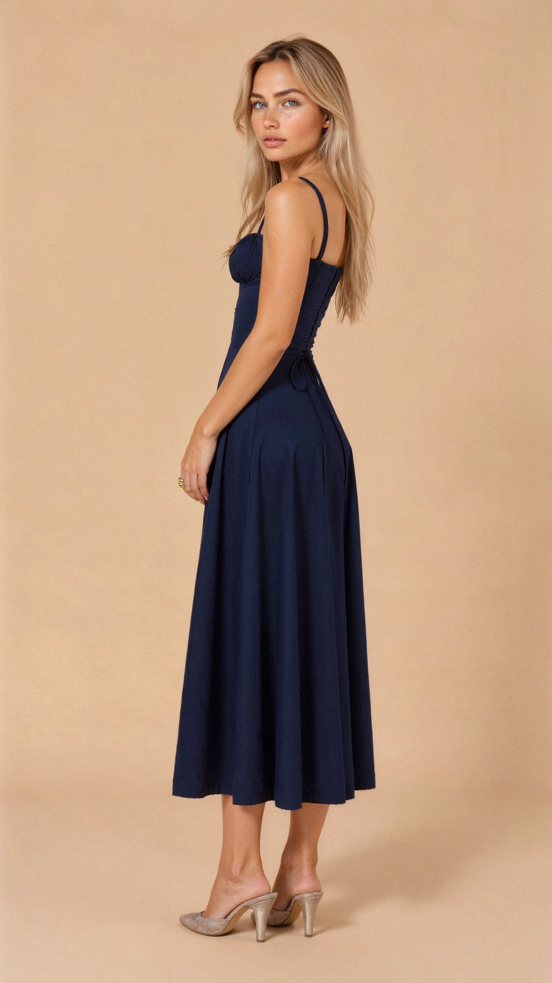 Women’s Midi Dress with Fitted Bodice and Shoulder Straps