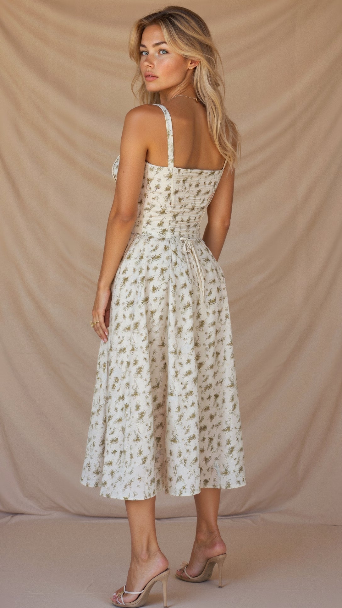 Women’s Midi Dress with Fitted Bodice and Shoulder Straps