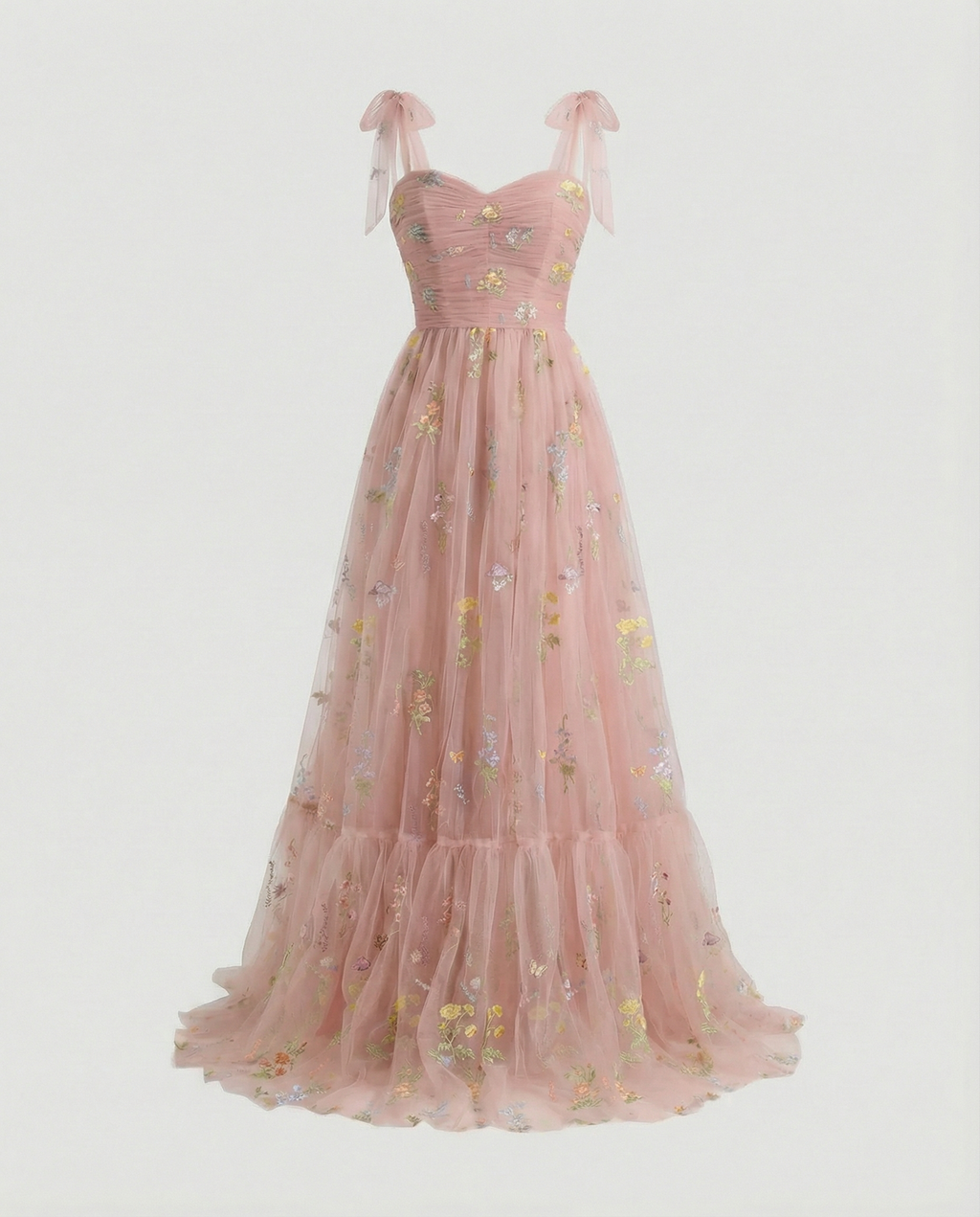 Women's floor-length ball gown with tulle skirt and structured bodice