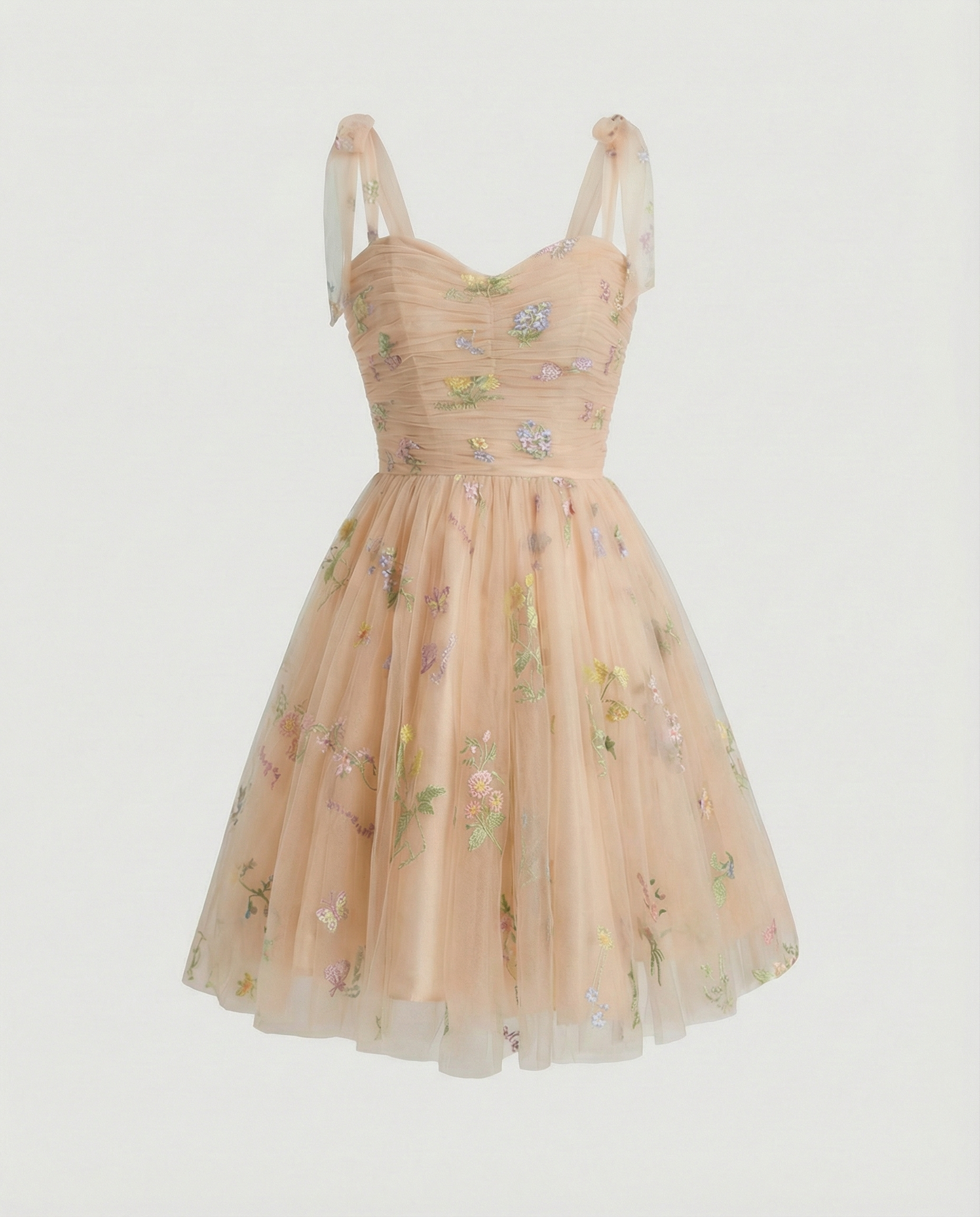 Women's floor-length ball gown with tulle skirt and structured bodice