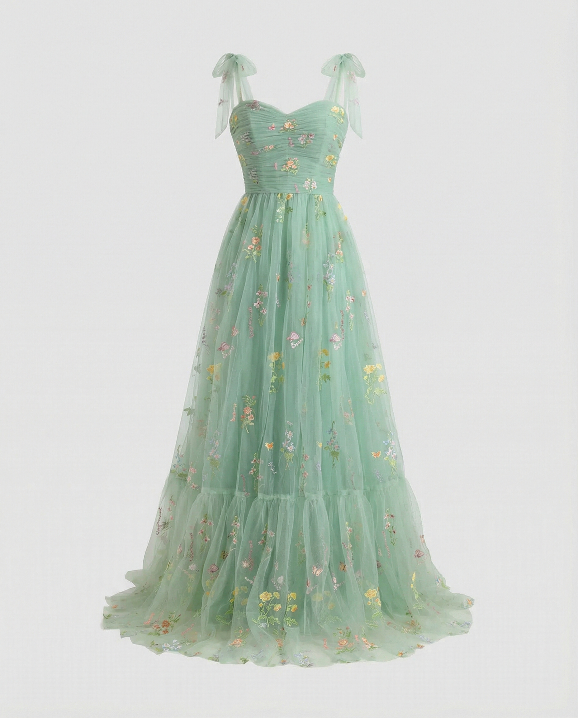 Women's floor-length ball gown with tulle skirt and structured bodice