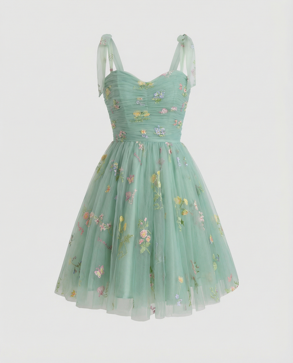 Women's floor-length ball gown with tulle skirt and structured bodice