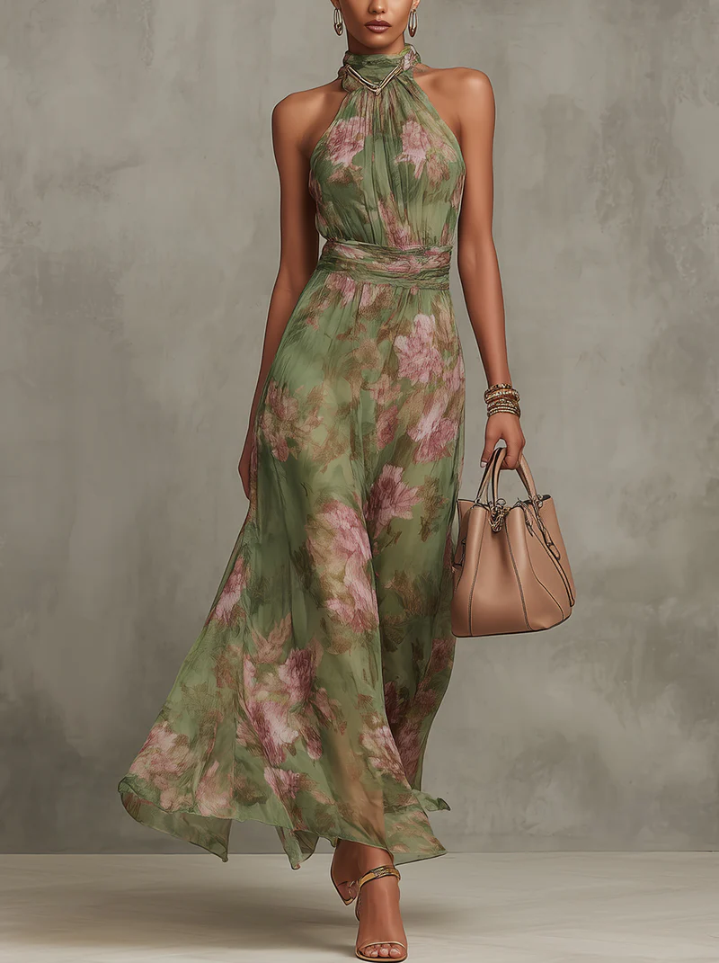 Women's floral dress with short sleeves and flared skirt