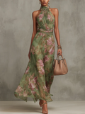 Women's floral dress with short sleeves and flared skirt