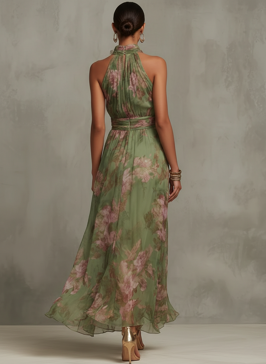Women's floral dress with short sleeves and flared skirt
