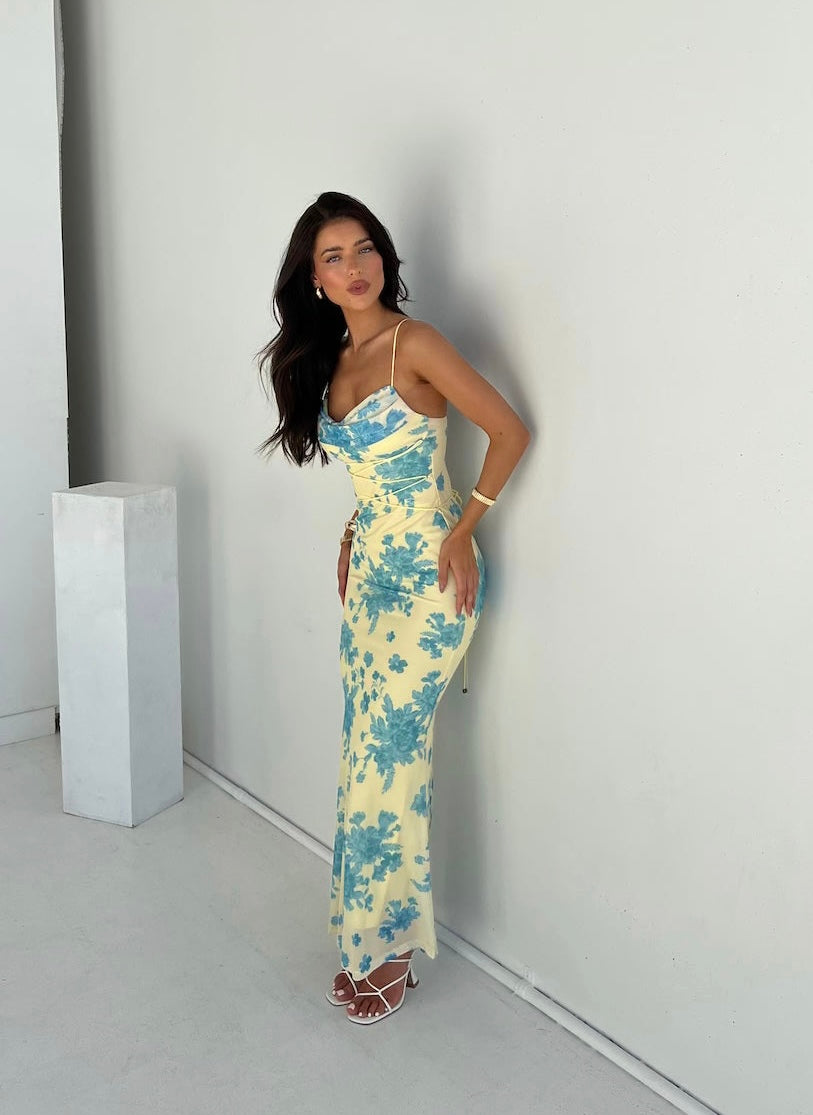Women's floral maxi dress with spaghetti straps and cowl neck