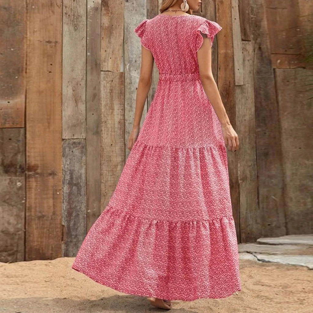 Women's flutter sleeve floral tiered maxi dress