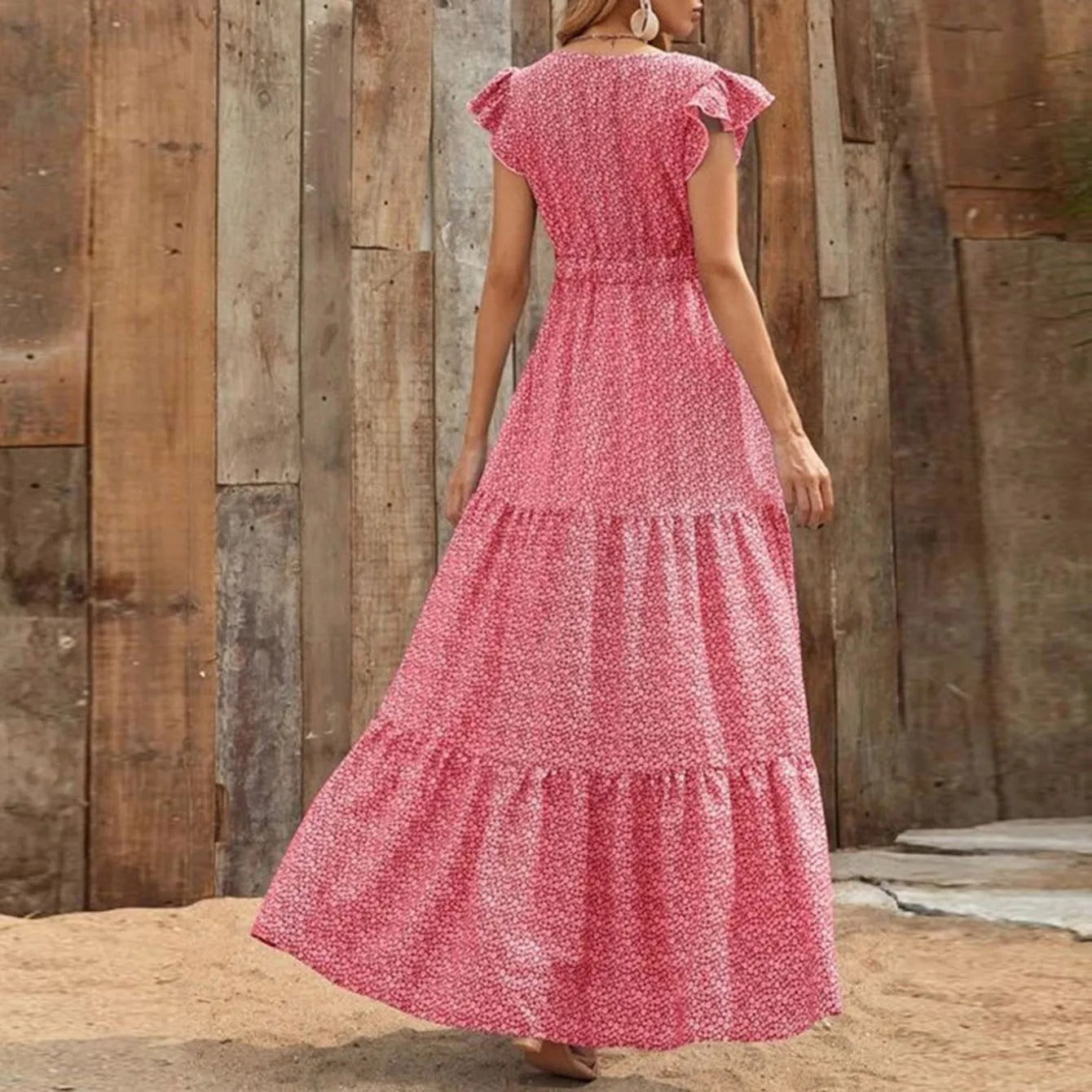 Women's flutter sleeve floral tiered maxi dress