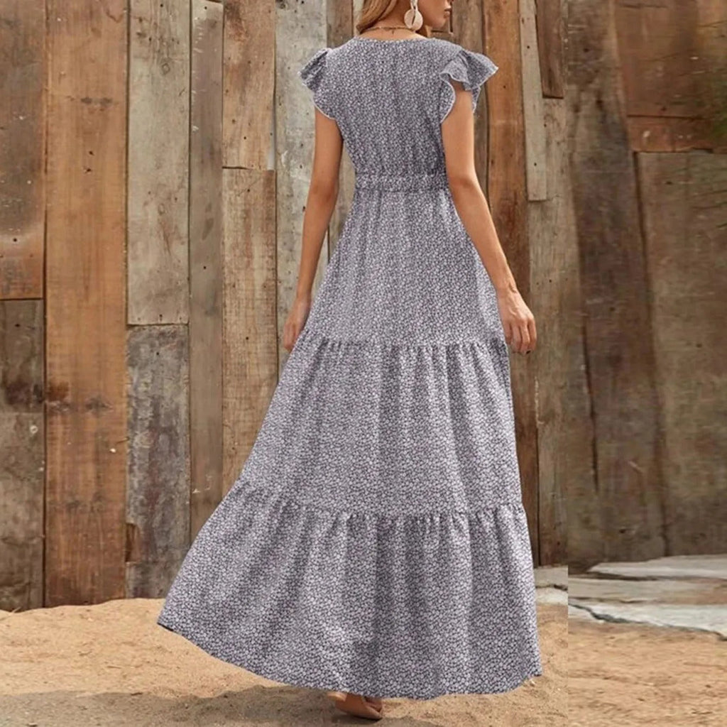 Women's flutter sleeve floral tiered maxi dress