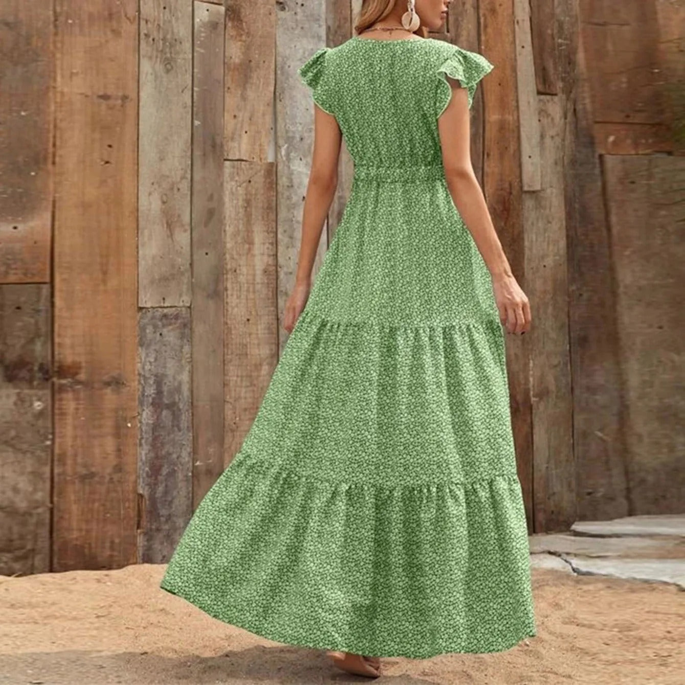 Women's flutter sleeve floral tiered maxi dress