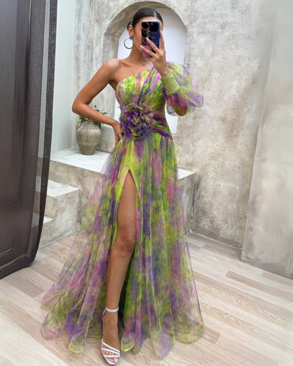 Women's full-length tulle gown with open back